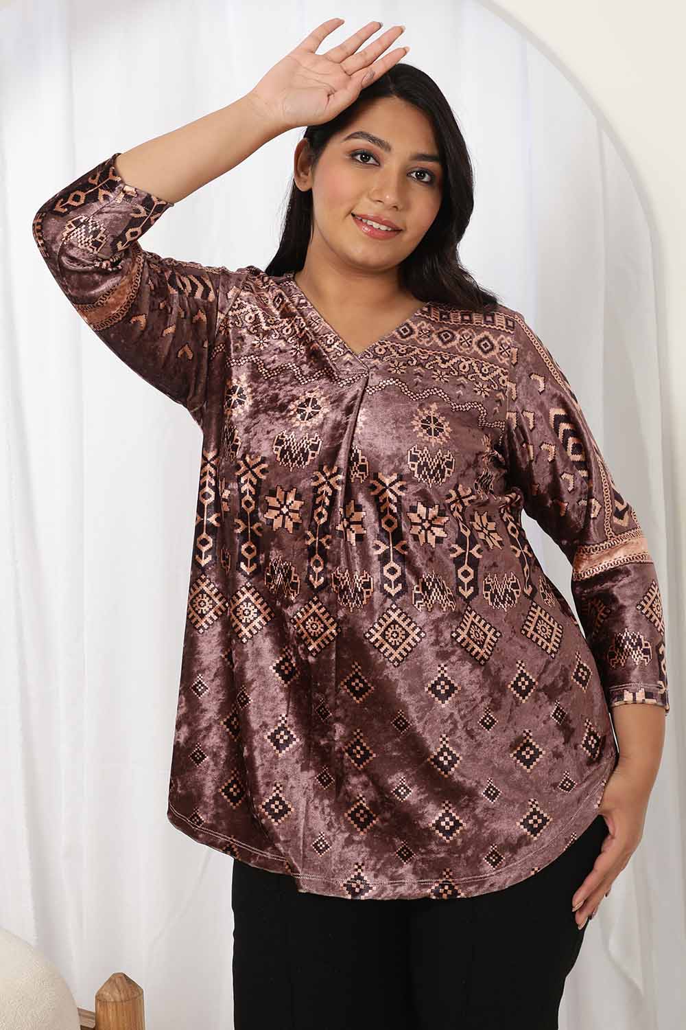 Purple Printed V Neck Velvet Top