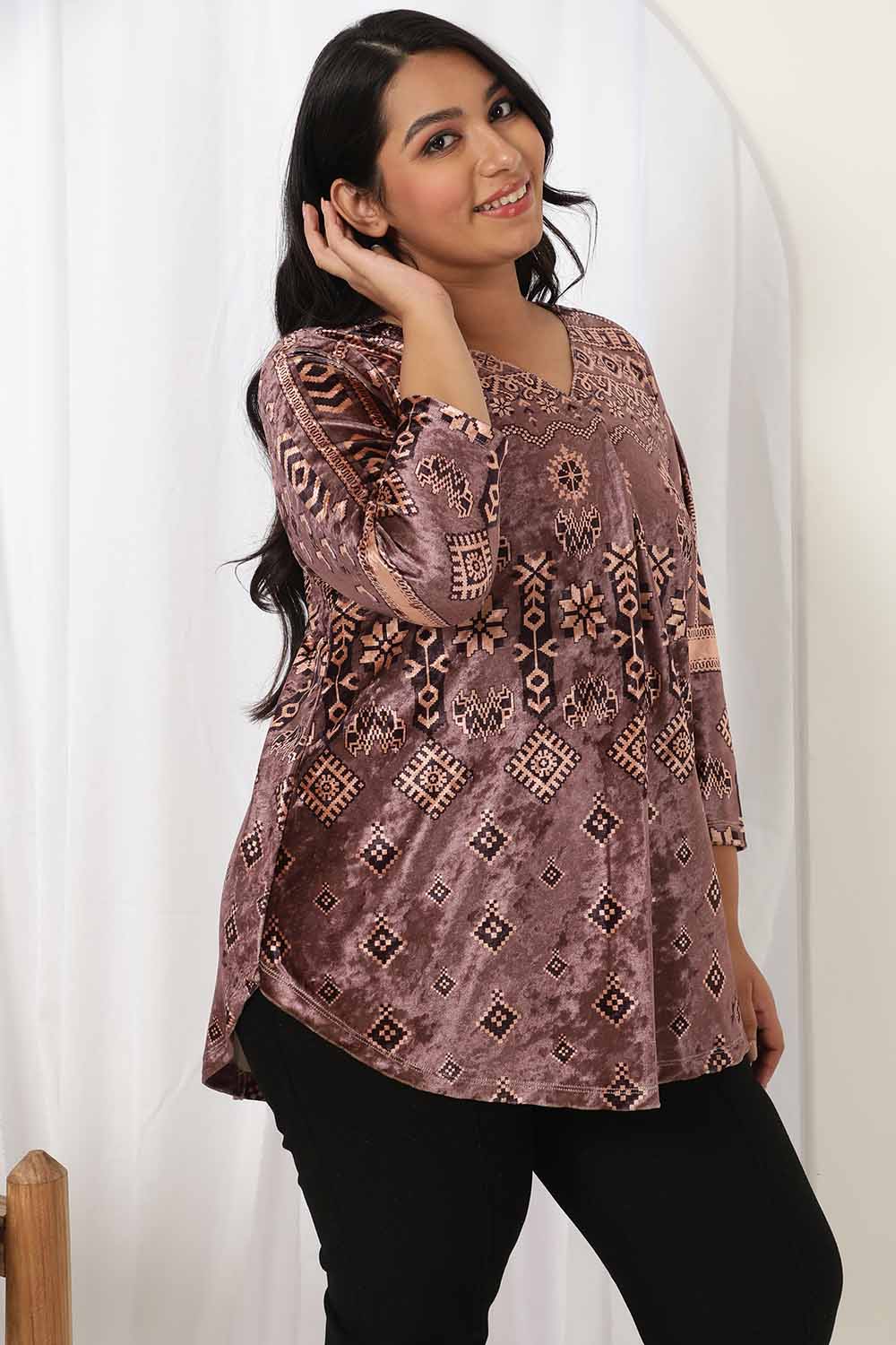Plus Size Purple Printed V Neck Velvet Top