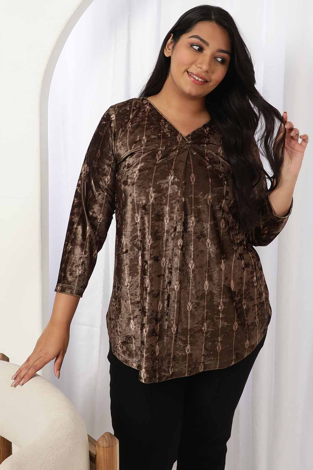 Brunette Top with Velvet Sleeves