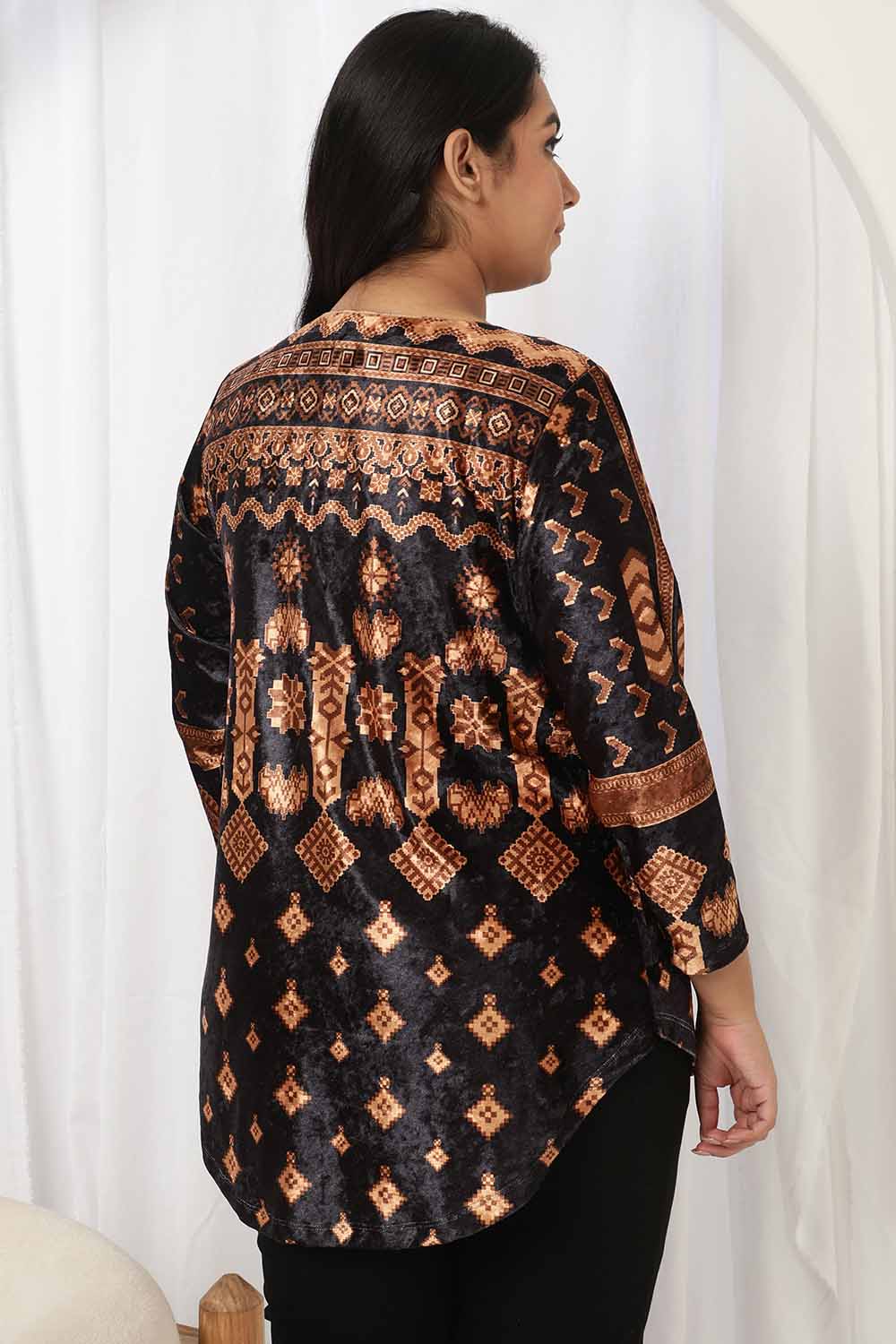 Comfortable Black Printed V Neck Velvet Top