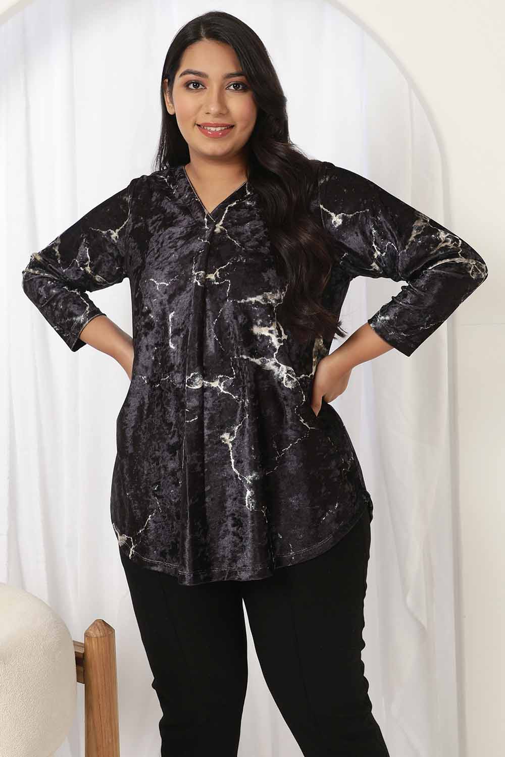Plus Size Black Velvet Top - V Neck