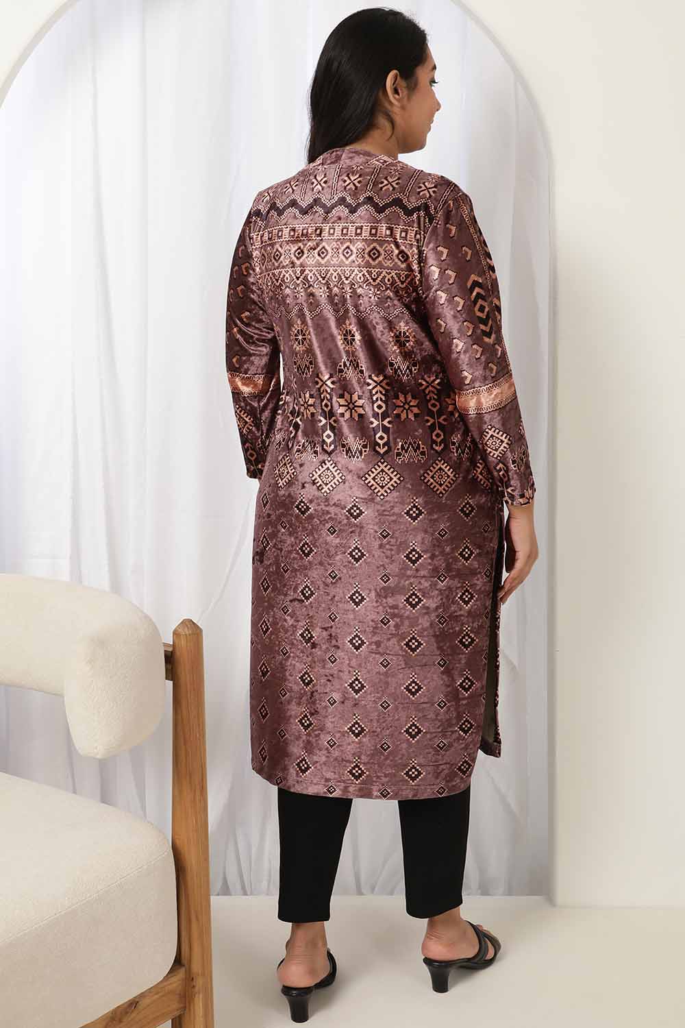 Purple Printed V Neck Velvet Kurta