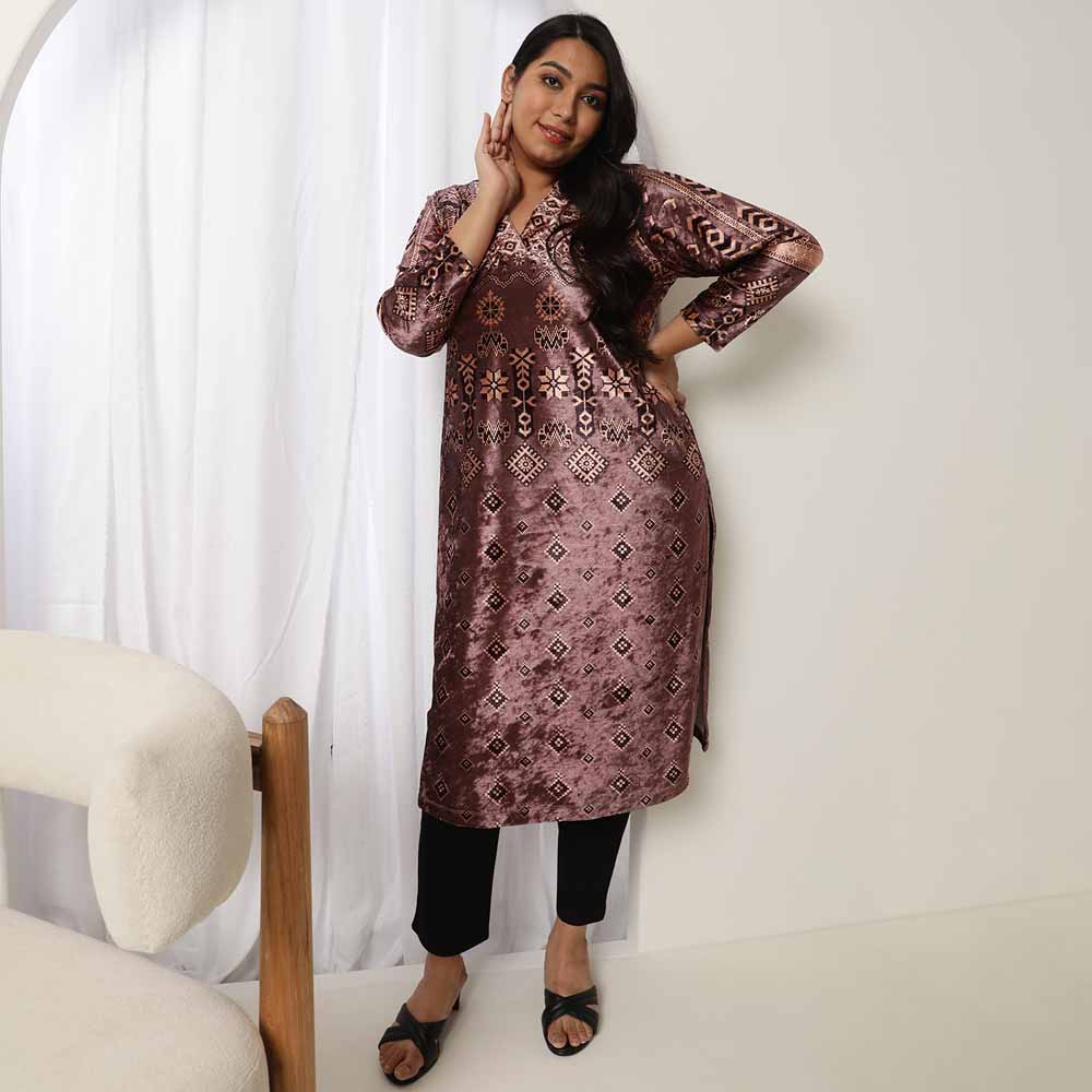 Purple Printed V Neck Velvet Kurta