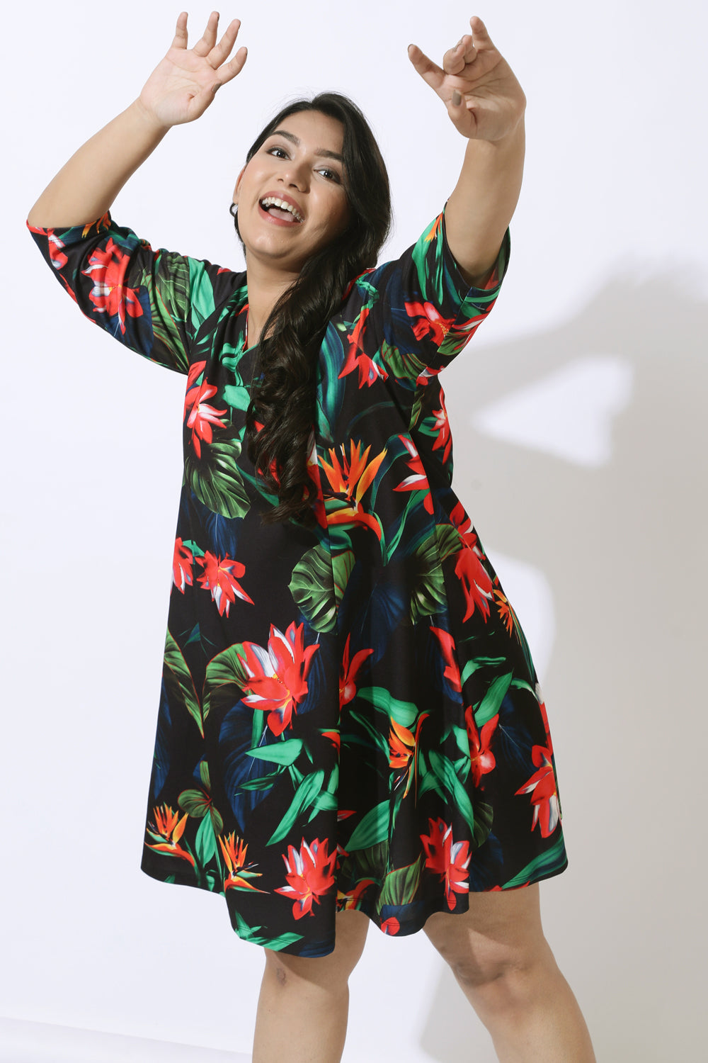 Plus Size Black Tropical Print Dress