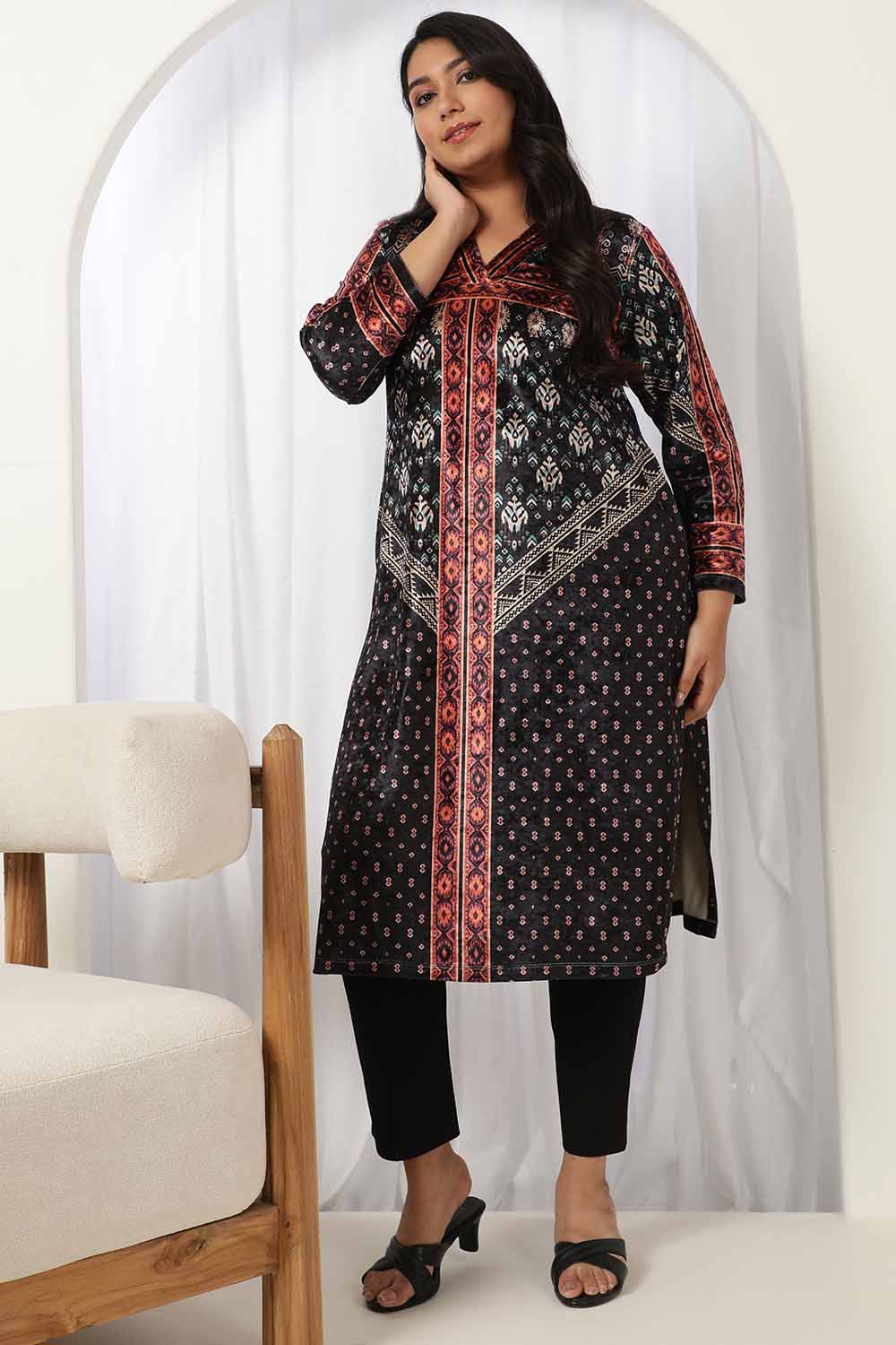 Plus Size Black Luxe V Neck Velvet Kurta