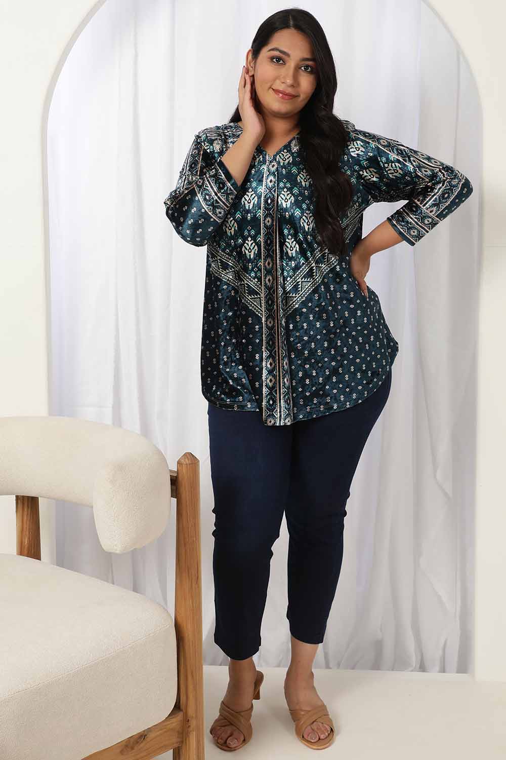 Buy Teal Printed V Neck Velvet Top