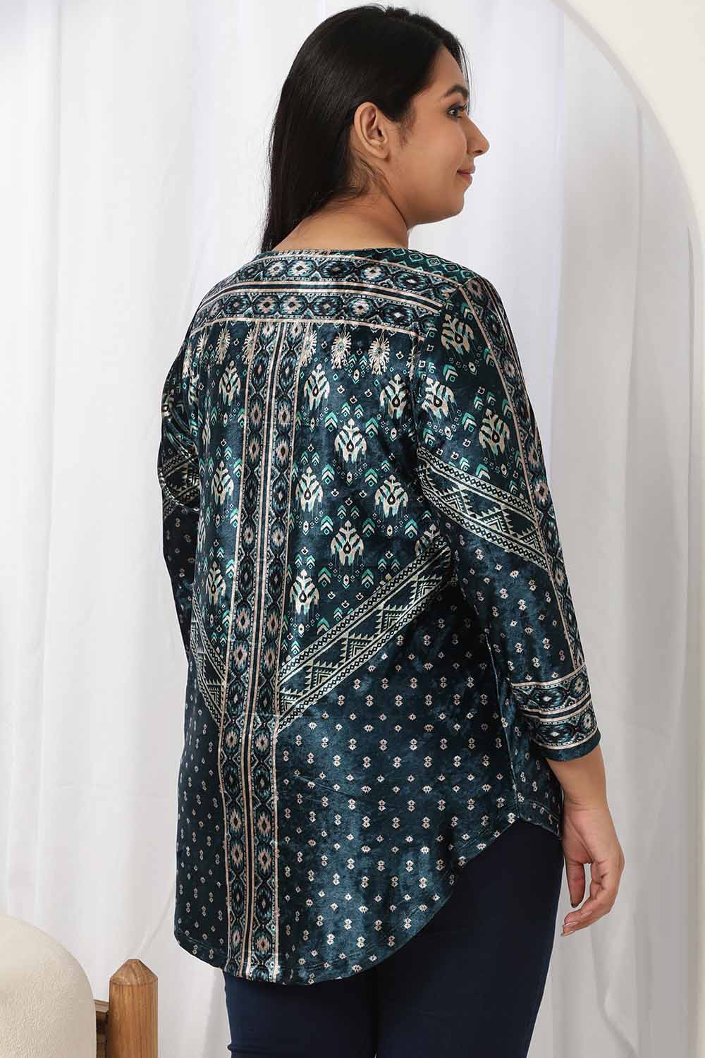 Comfortable Teal Printed V Neck Velvet Top