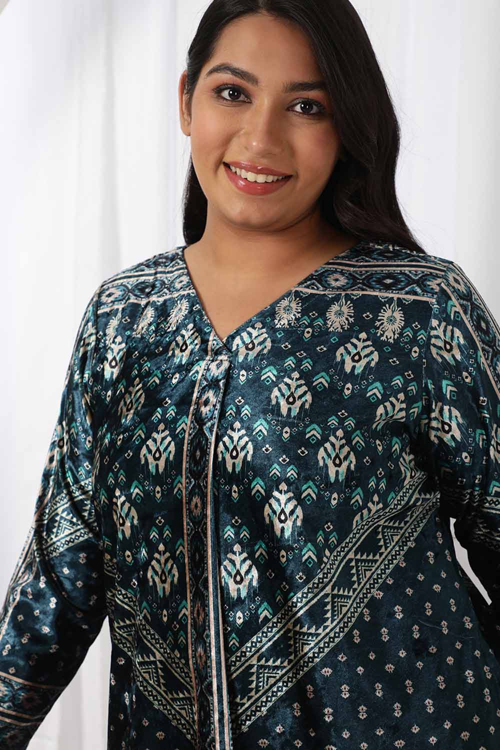 Teal Printed V Neck Velvet Top for Women