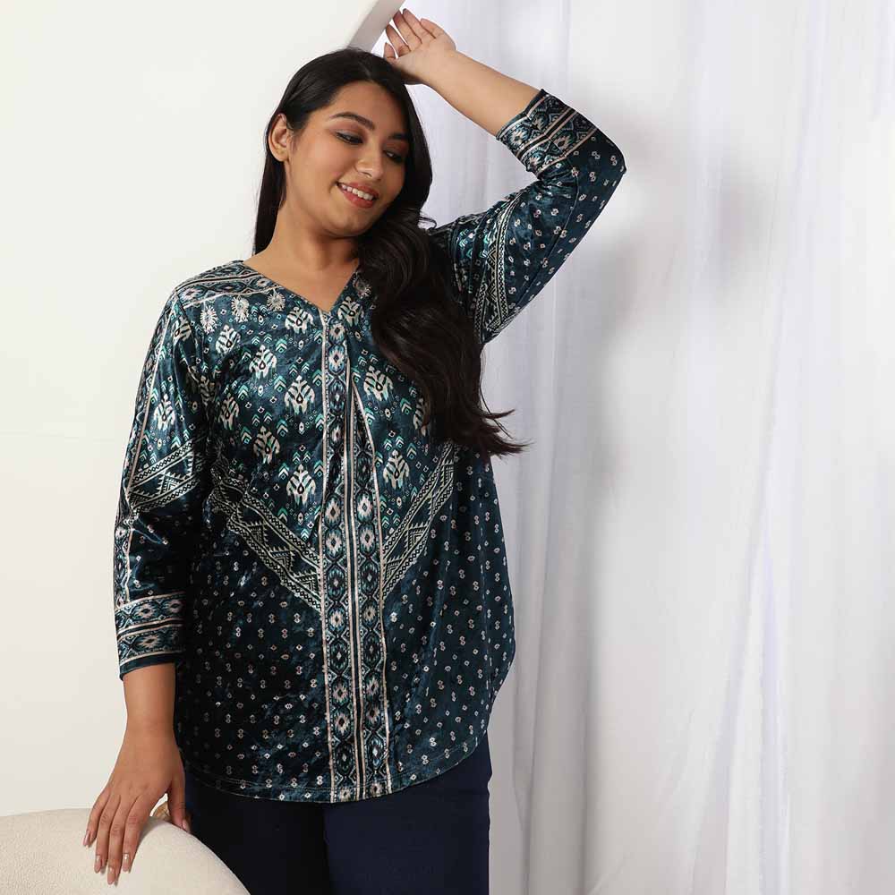 Teal Printed V Neck Velvet Top