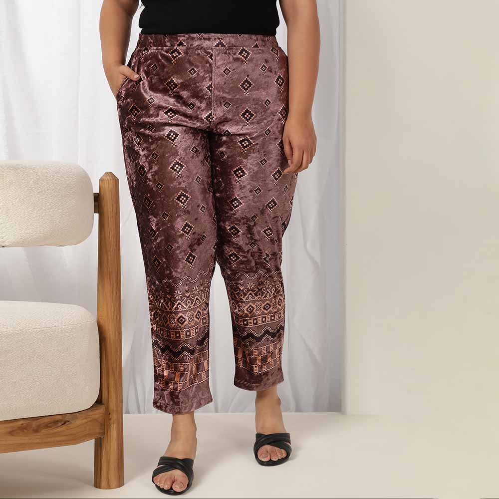 Purple Printed Velvet Pant