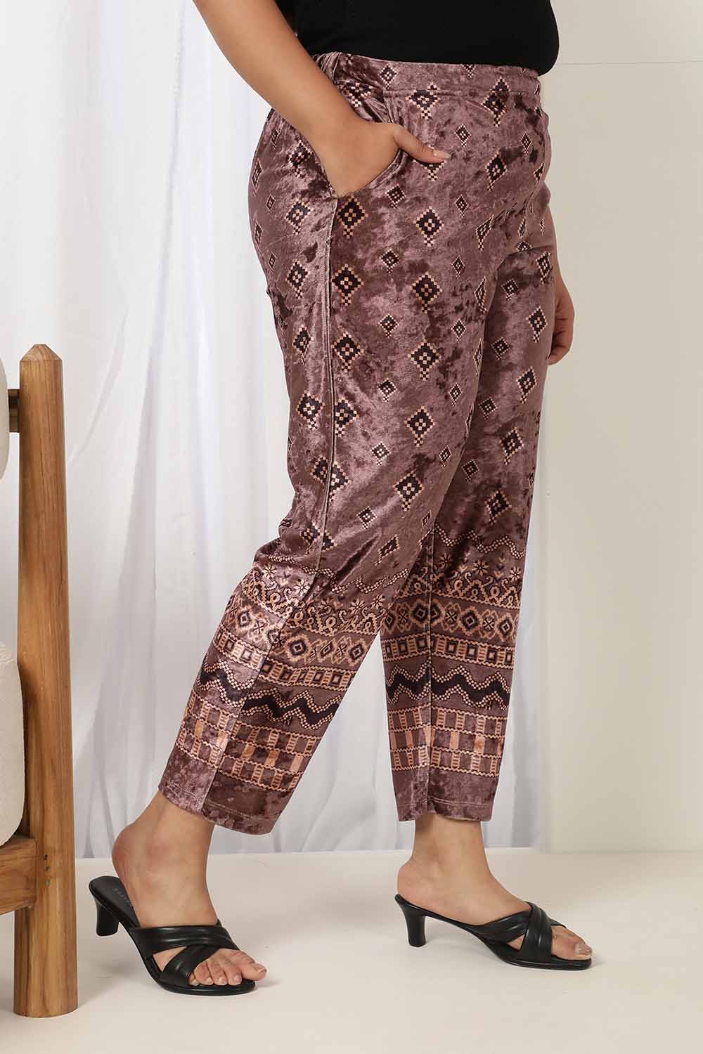 Purple Printed Velvet Pant for Women