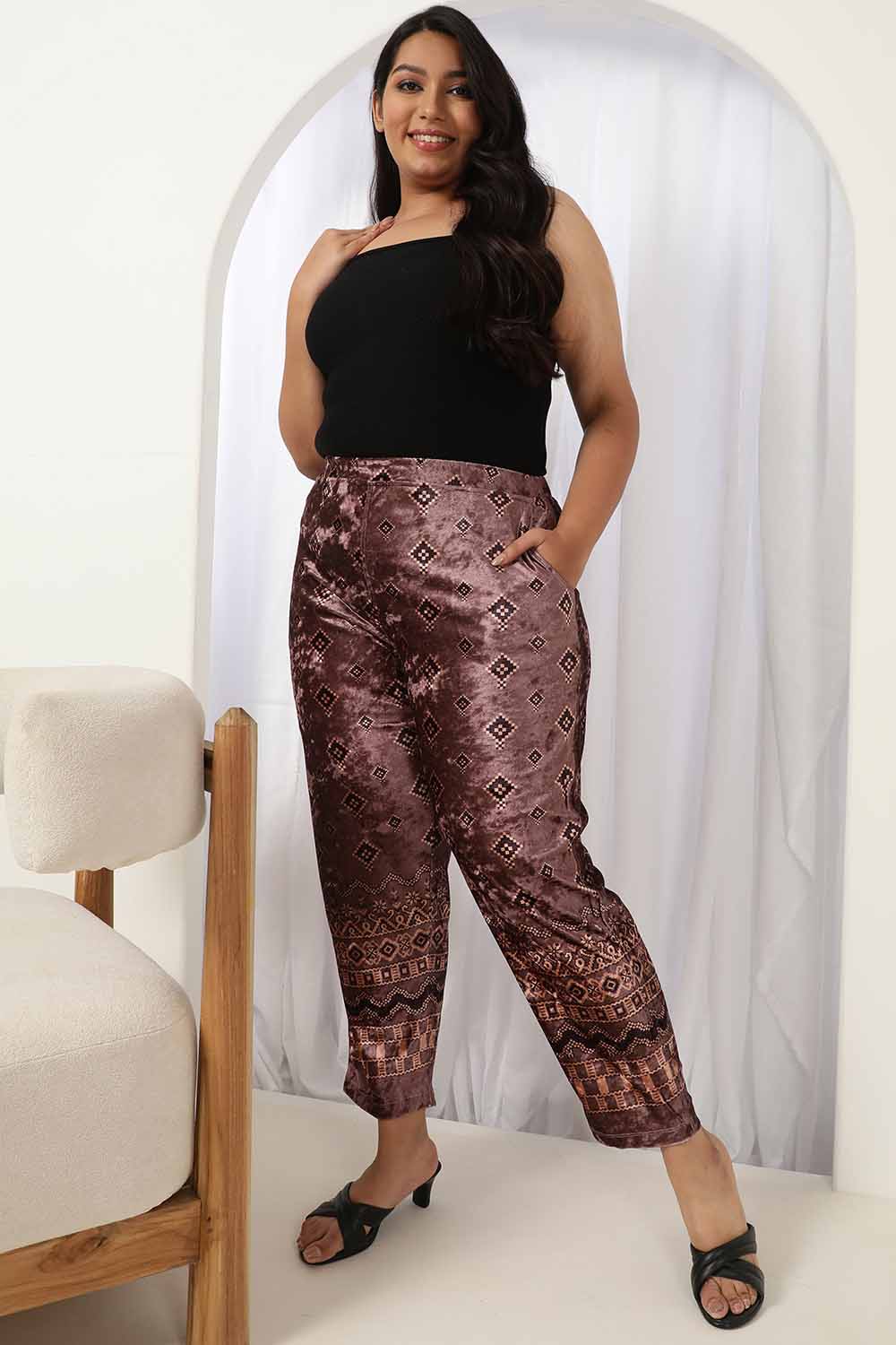 Purple Printed Velvet Pant
