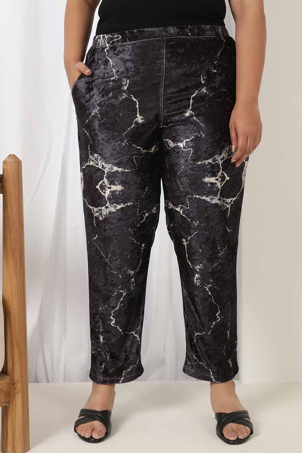 Plus Size Black Marble Velvet Pant