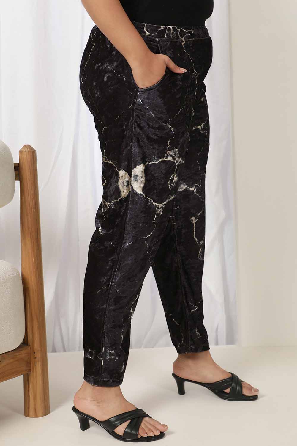 Black Marble Velvet Pant for Women