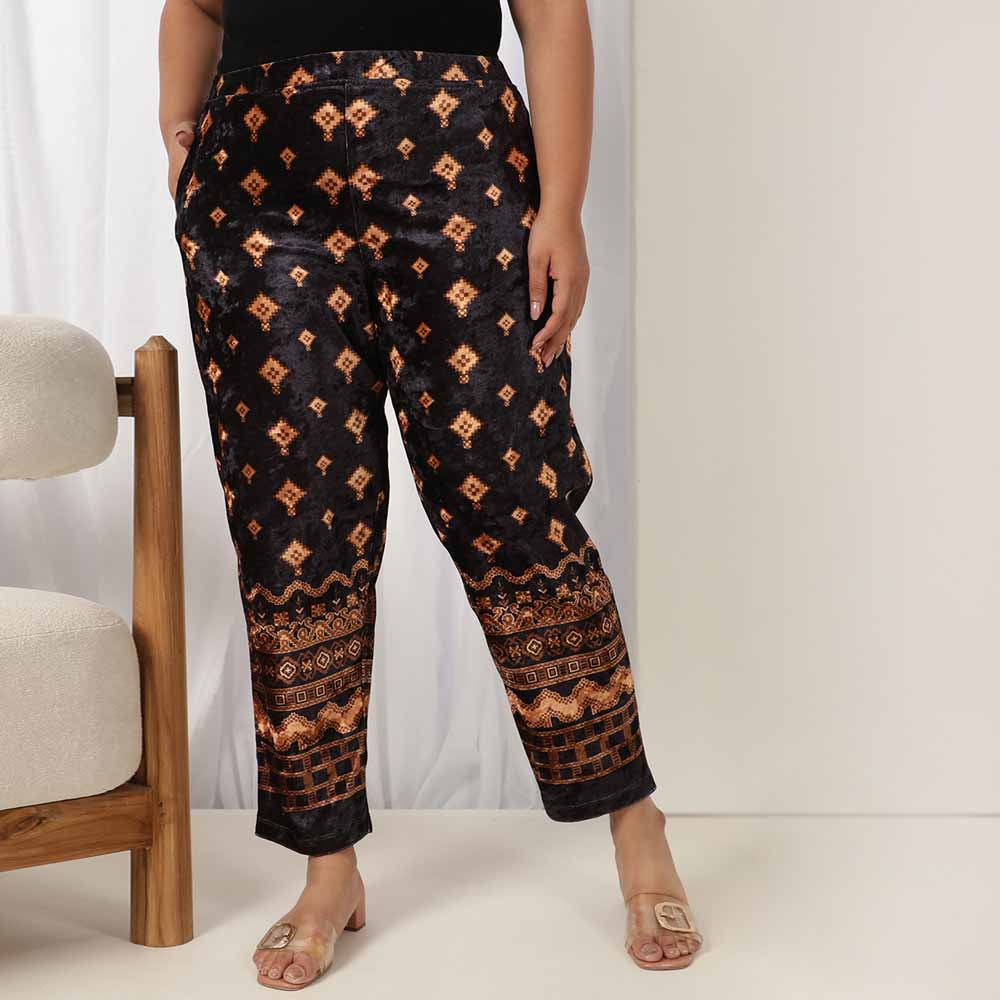 Plus Size Black Printed Velvet Pant 1