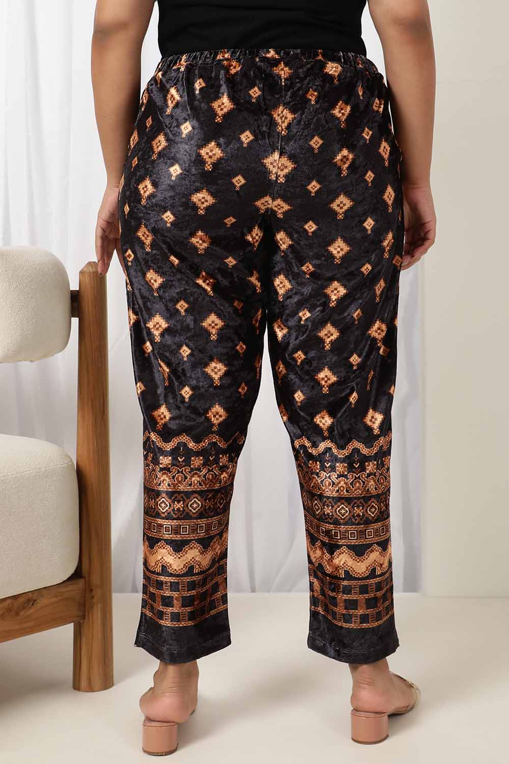 Plus Size Black Printed Velvet Pant 1