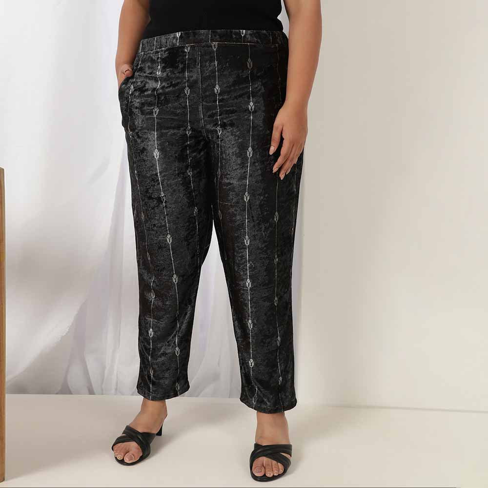 Plus Size Black Printed Velvet Pant