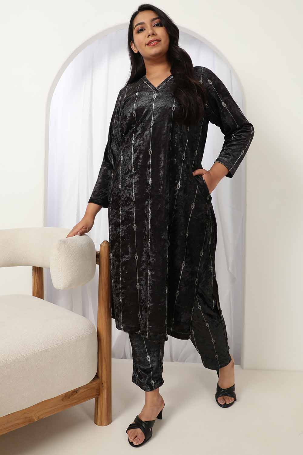 Buy Black Printed Velvet V Neck Kurta