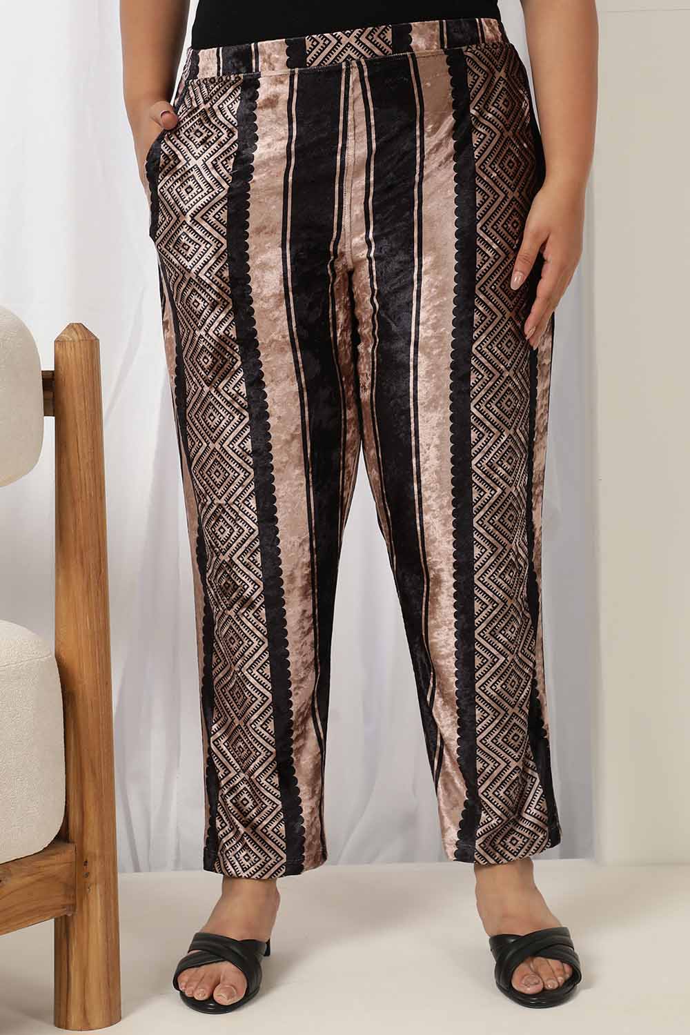 Plus Size Black Beige Stripe Velvet Pant