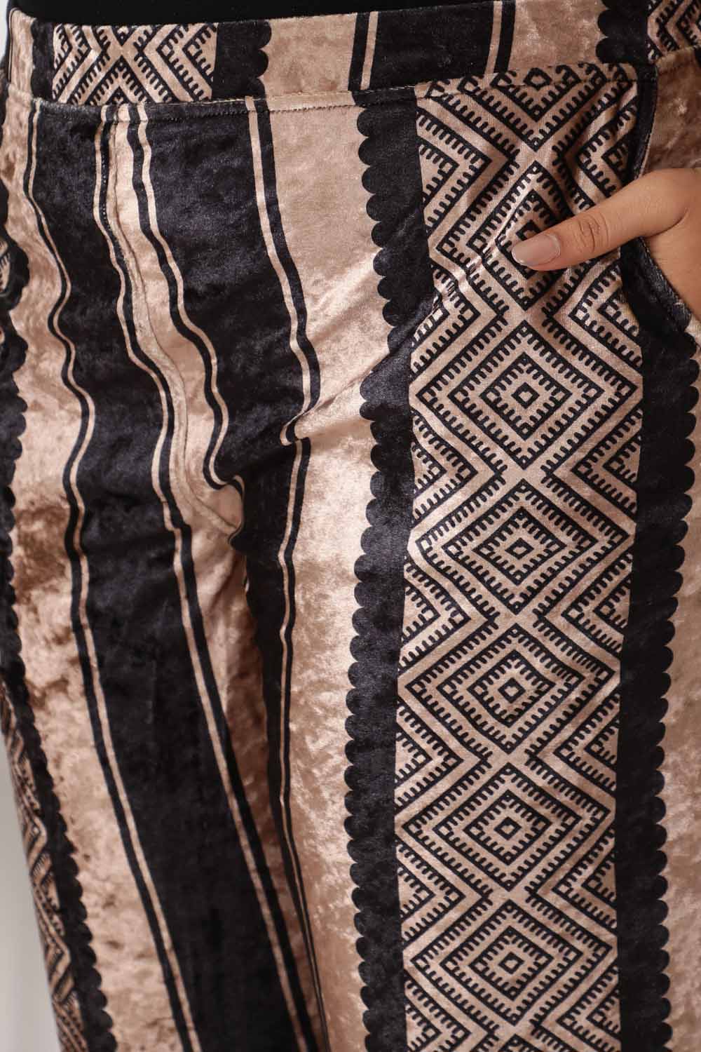 Comfortable Black Beige Stripe Velvet Pant