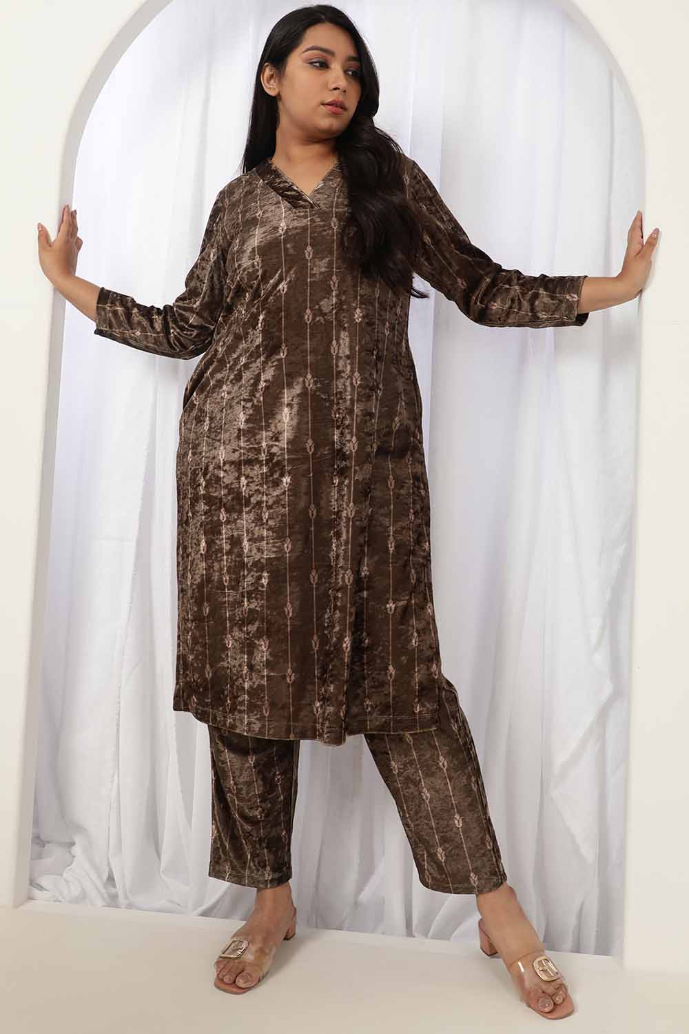Plus Size Brown V Neck Velvet Kurta