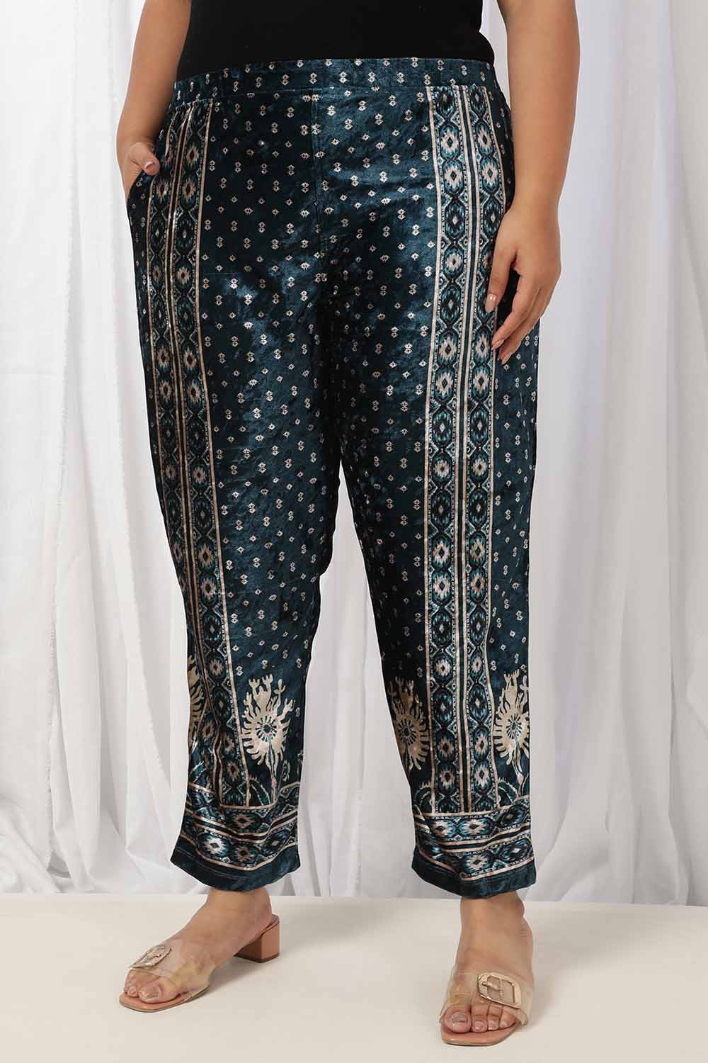 Plus Size Teal Printed Velvet Pant