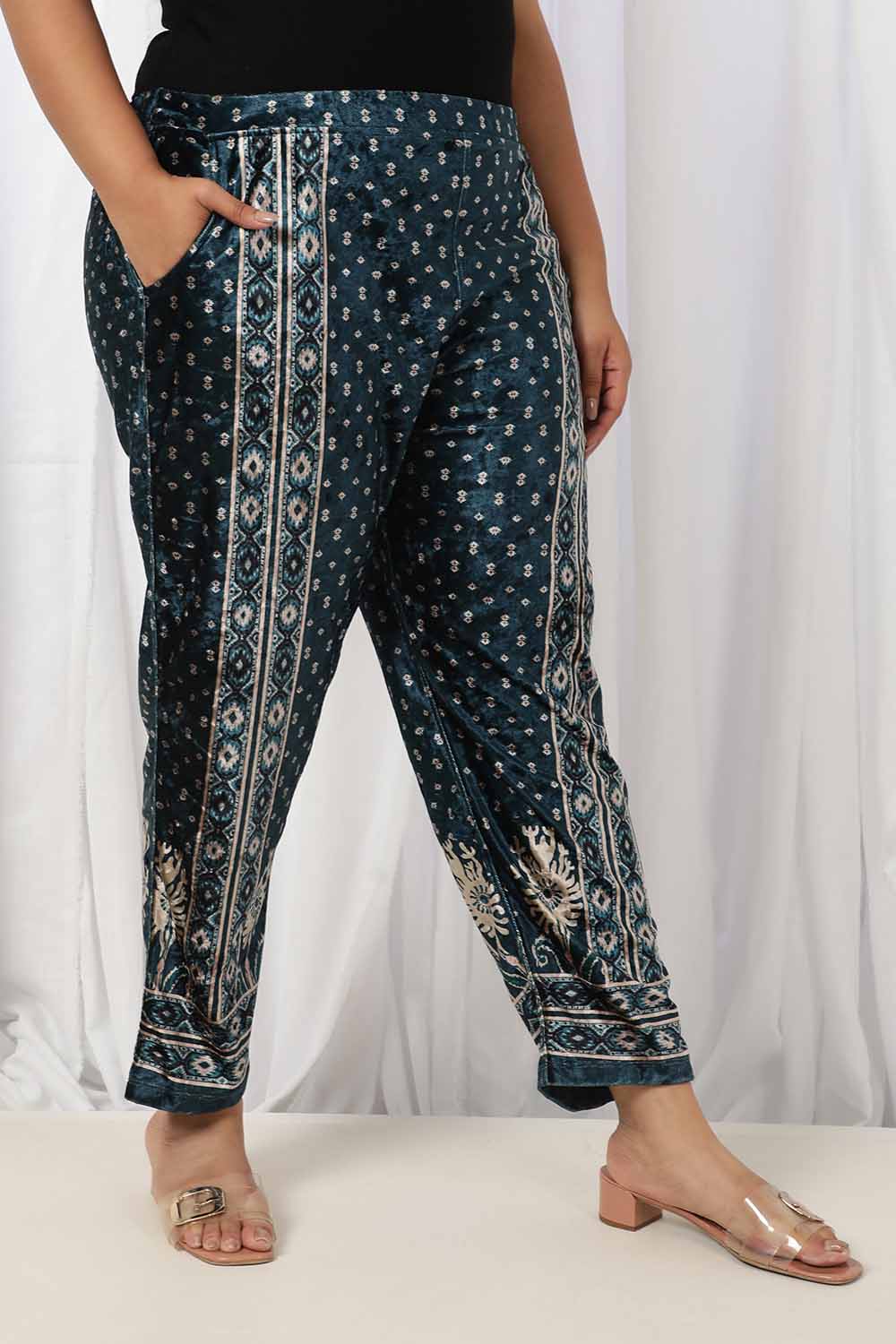 Teal Printed Velvet Pant for Women