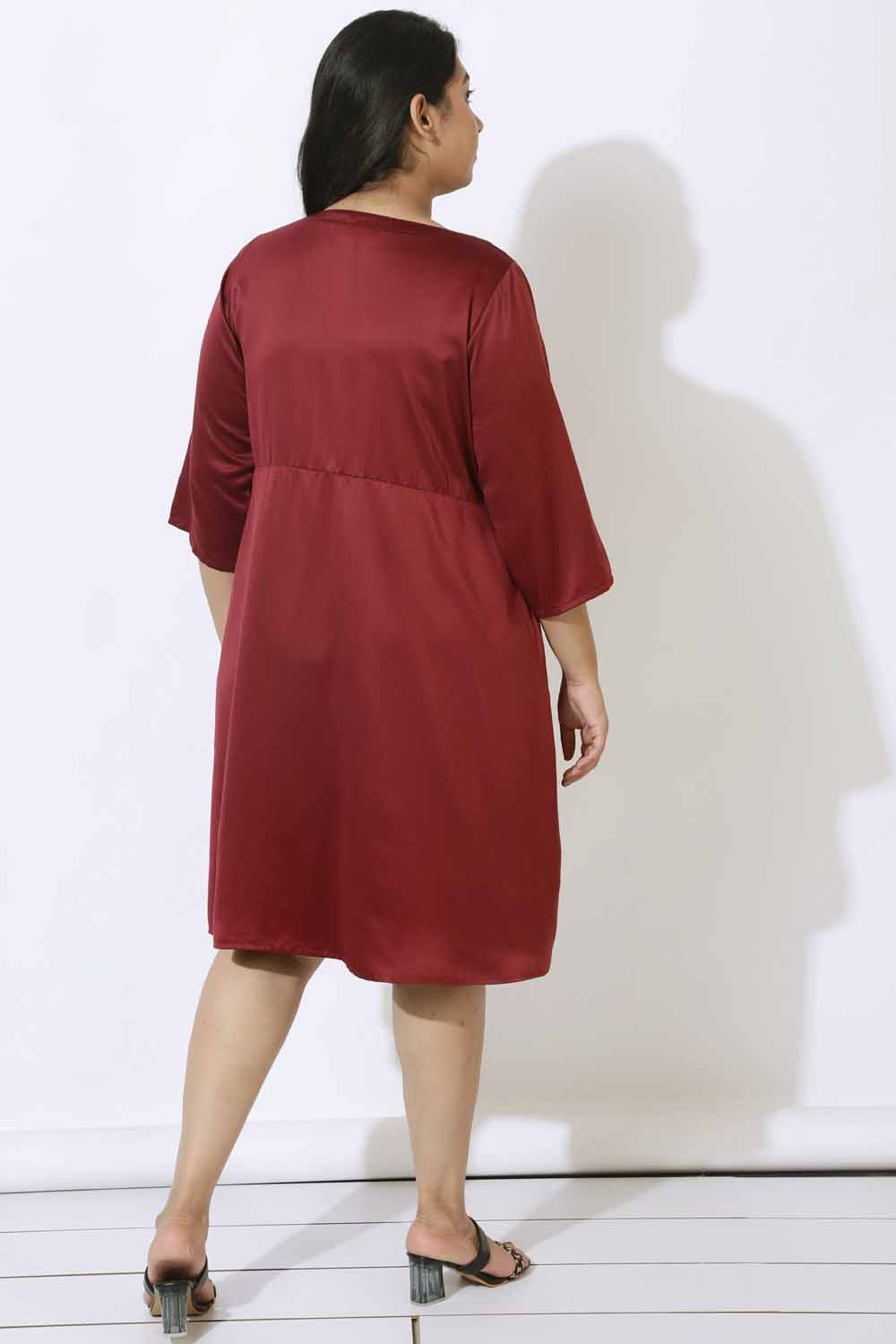 Comfortable Plus Size Maroon Satin Knot Dress