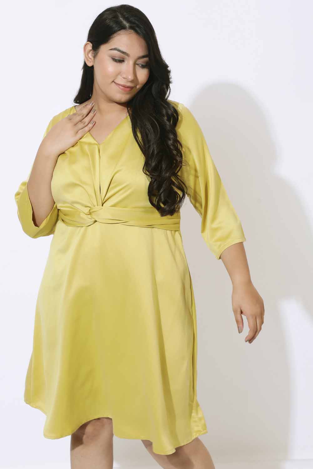Buy Plus Size Yellow Satin Knot Dress