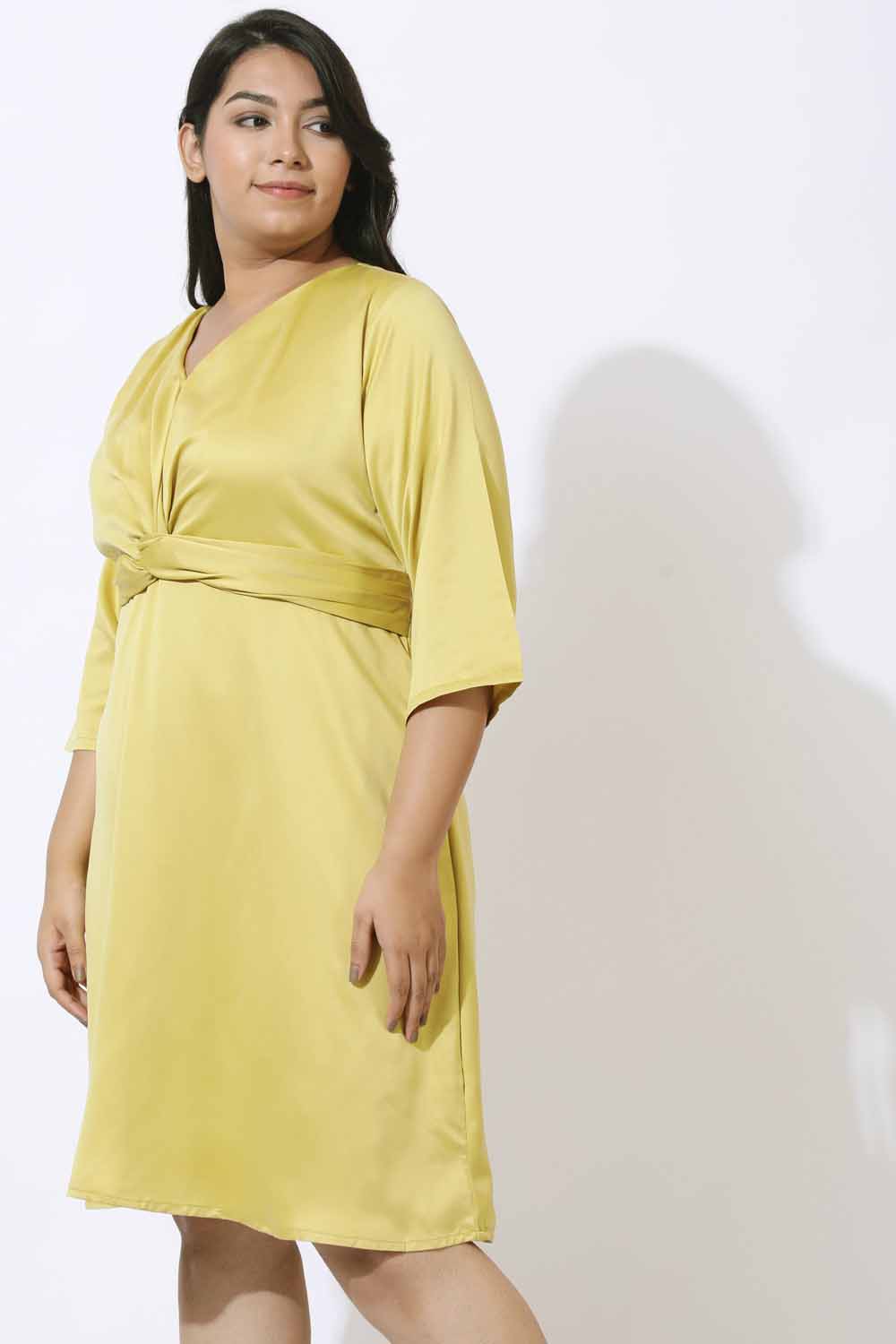 Plus Size Yellow Satin Knot Dress for Women