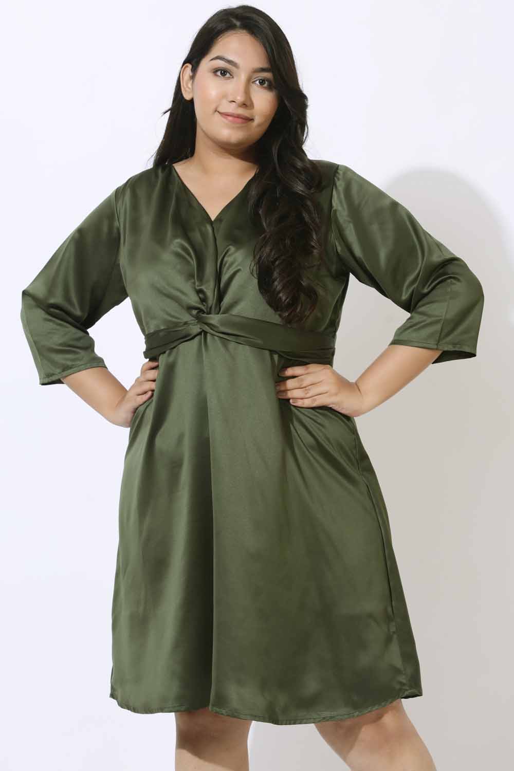 Plus Size Olive Satin Knot Dress