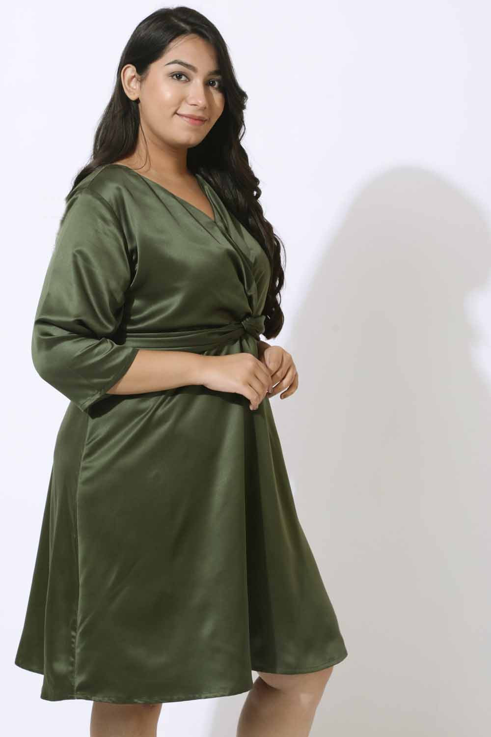 Plus Size Plus Size Olive Satin Knot Dress