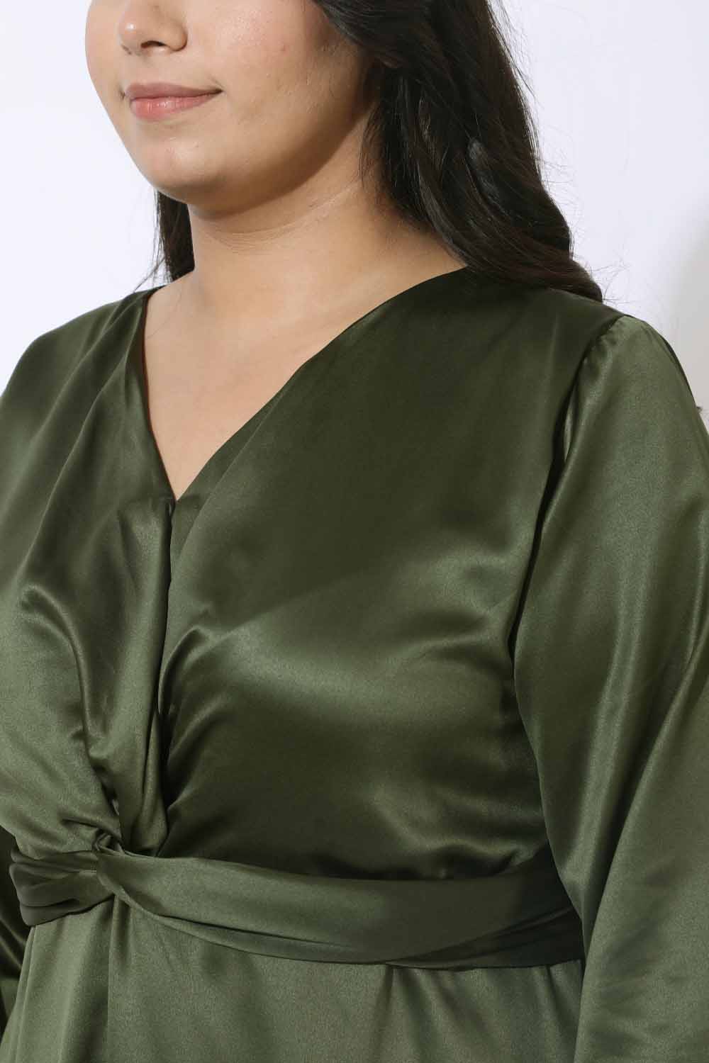 Comfortable Plus Size Olive Satin Knot Dress