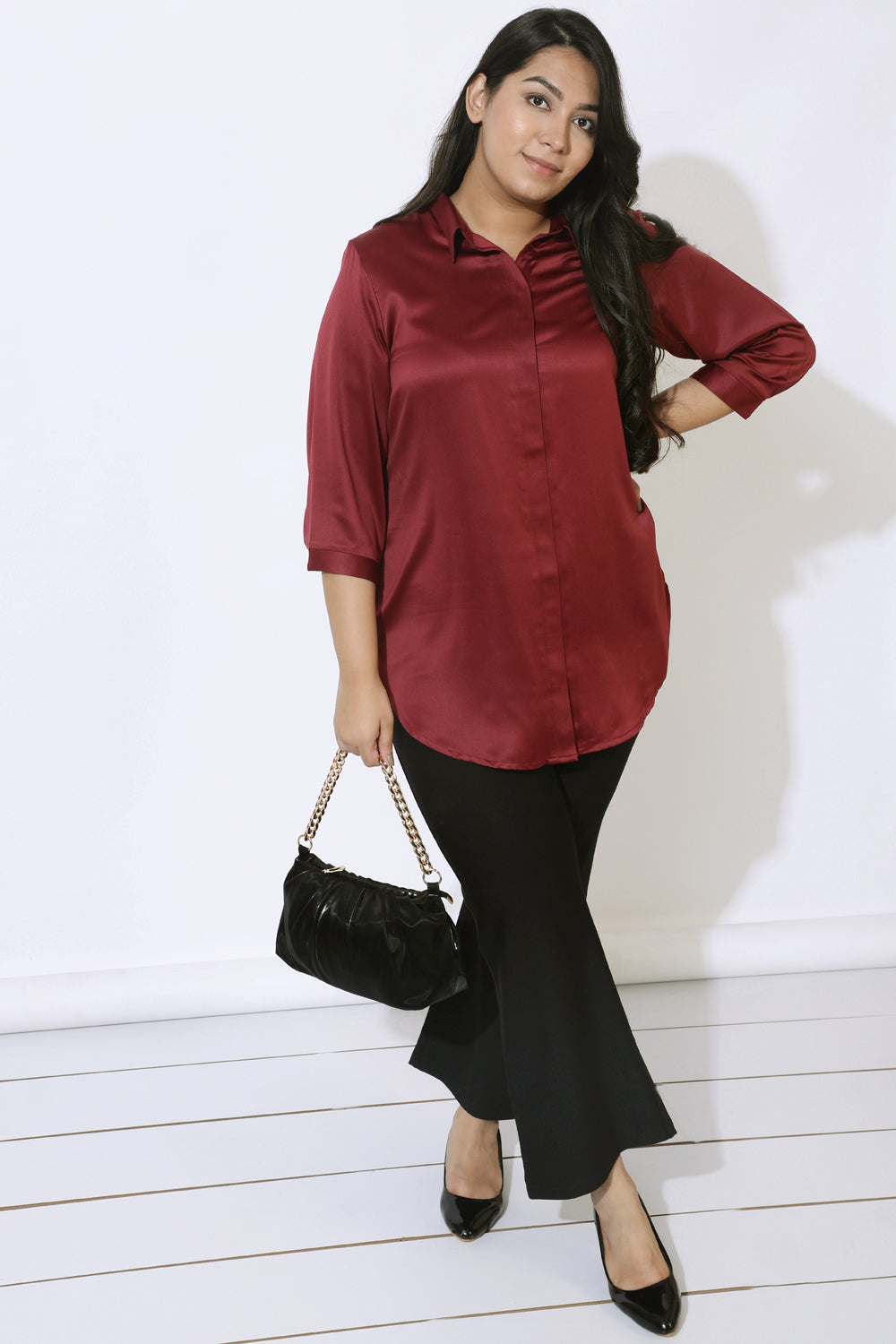 Plus Size Plus Size Maroon Satin Shirt