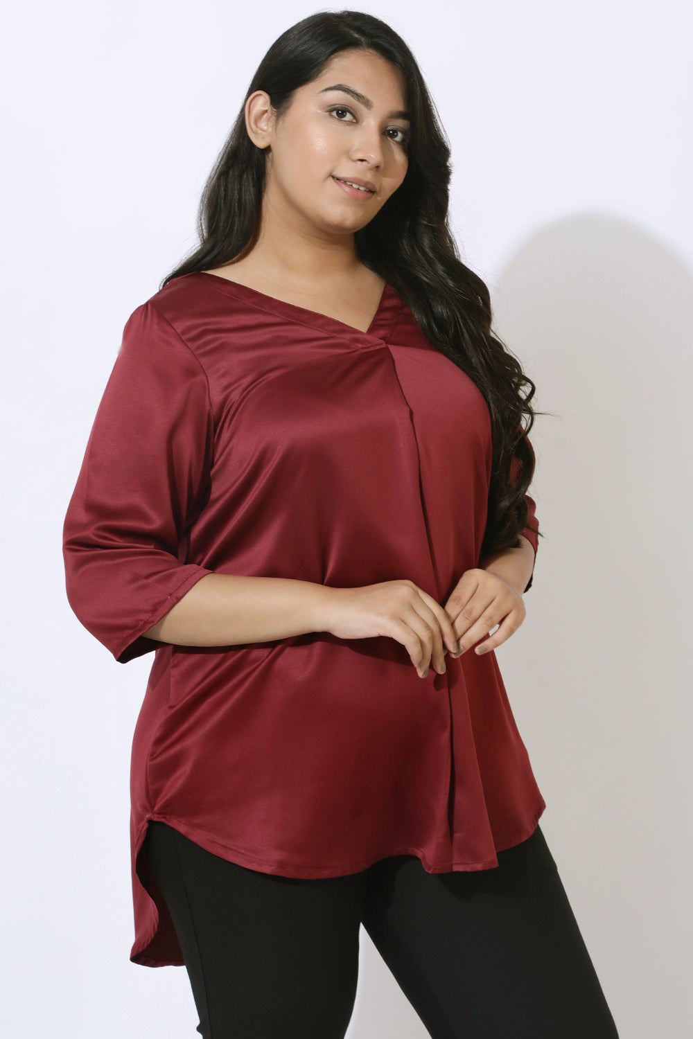 Maroon Satin Centre Pleat Top