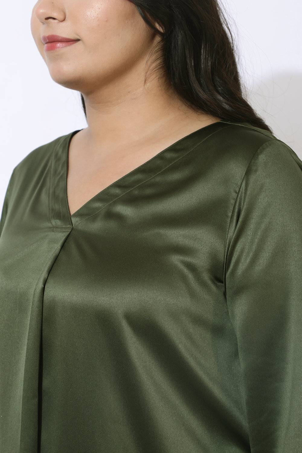 Olive Satin Centre Pleat Top for Women