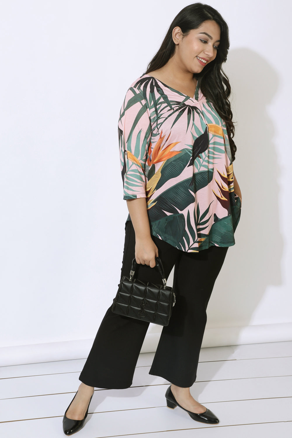 Pink Tropical Print Centre Pleat Top