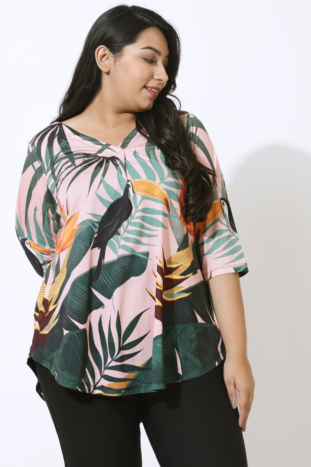 Pink Tropical Print Centre Pleat Top