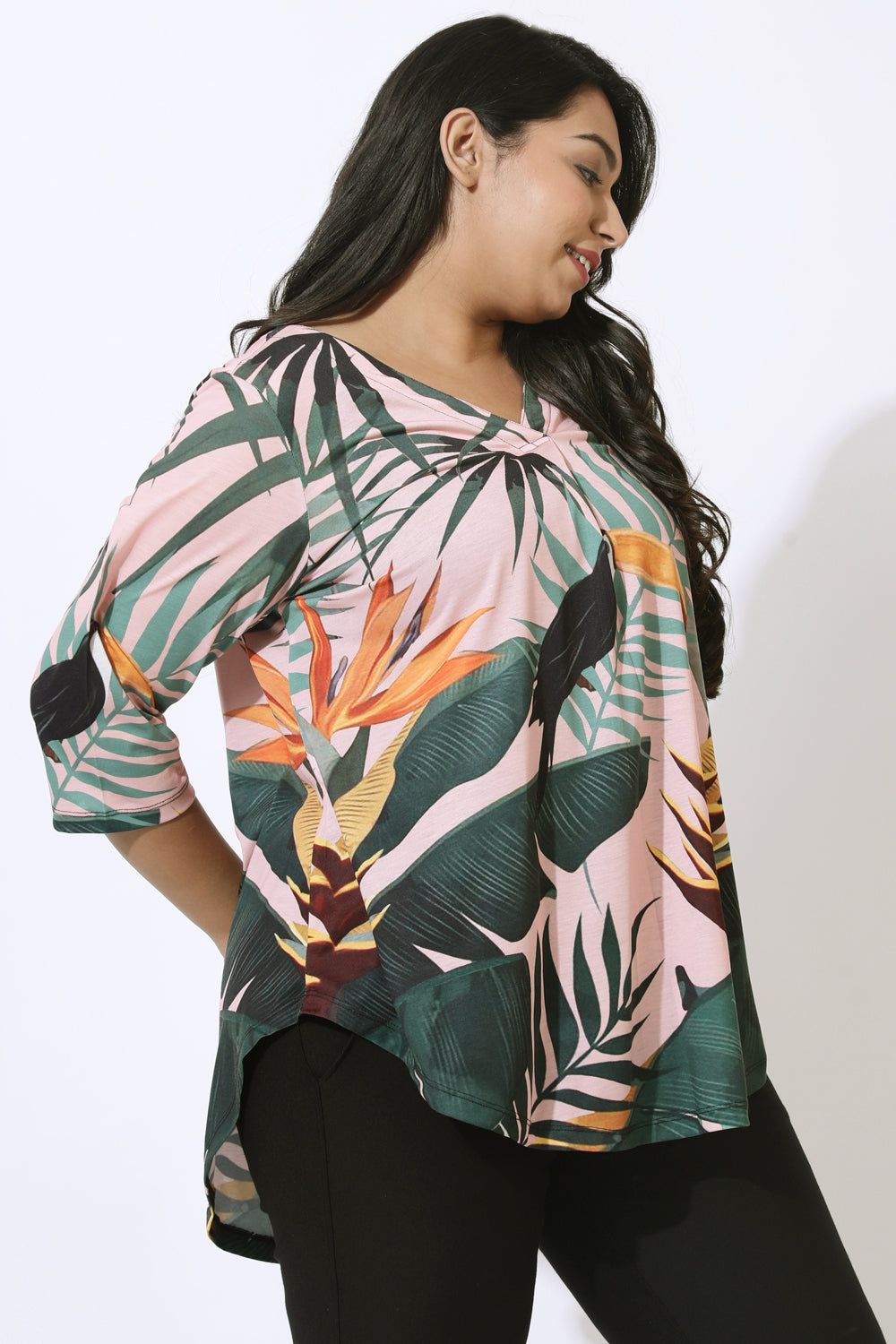 Pink Tropical Print Centre Pleat Top