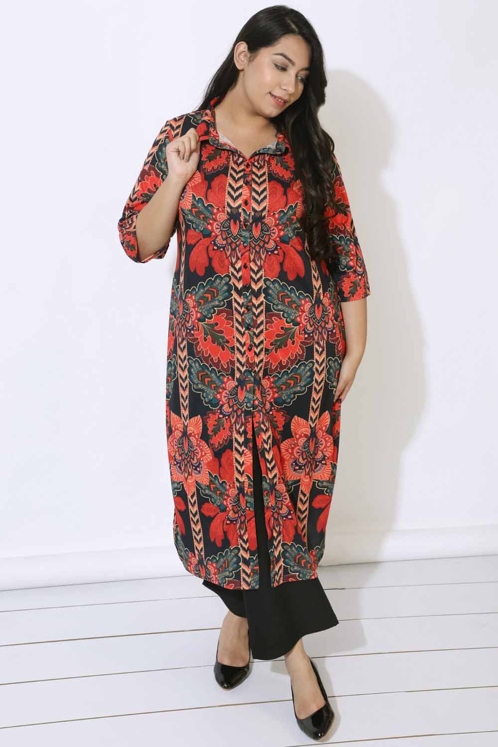 Plus Size Black Tropical Print Kurta Cum Shrug for Women