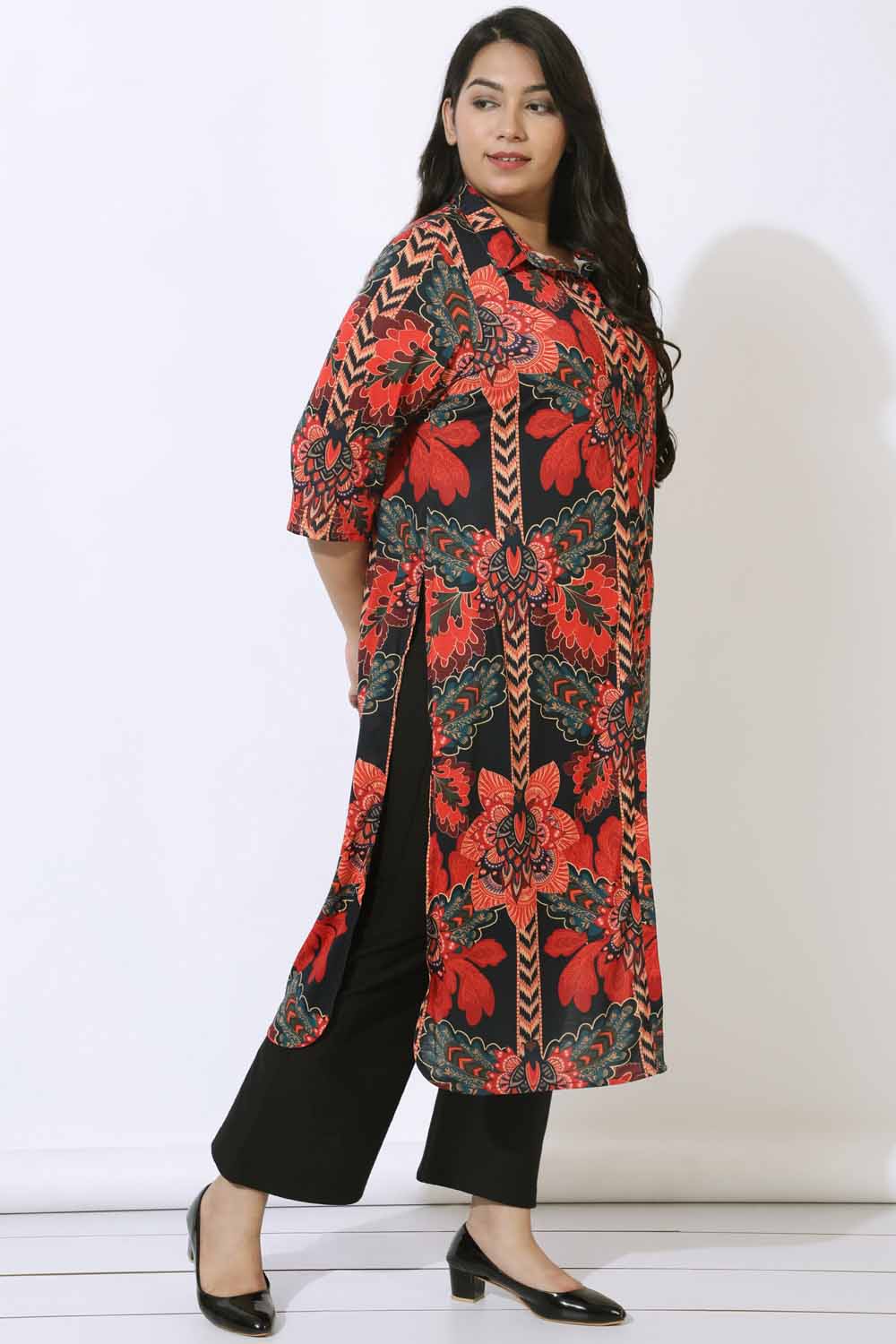 Comfortable Plus Size Black Tropical Print Kurta Cum Shrug