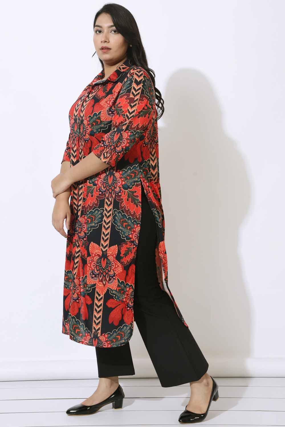 Plus Size Black Tropical Print Kurta Cum Shrug