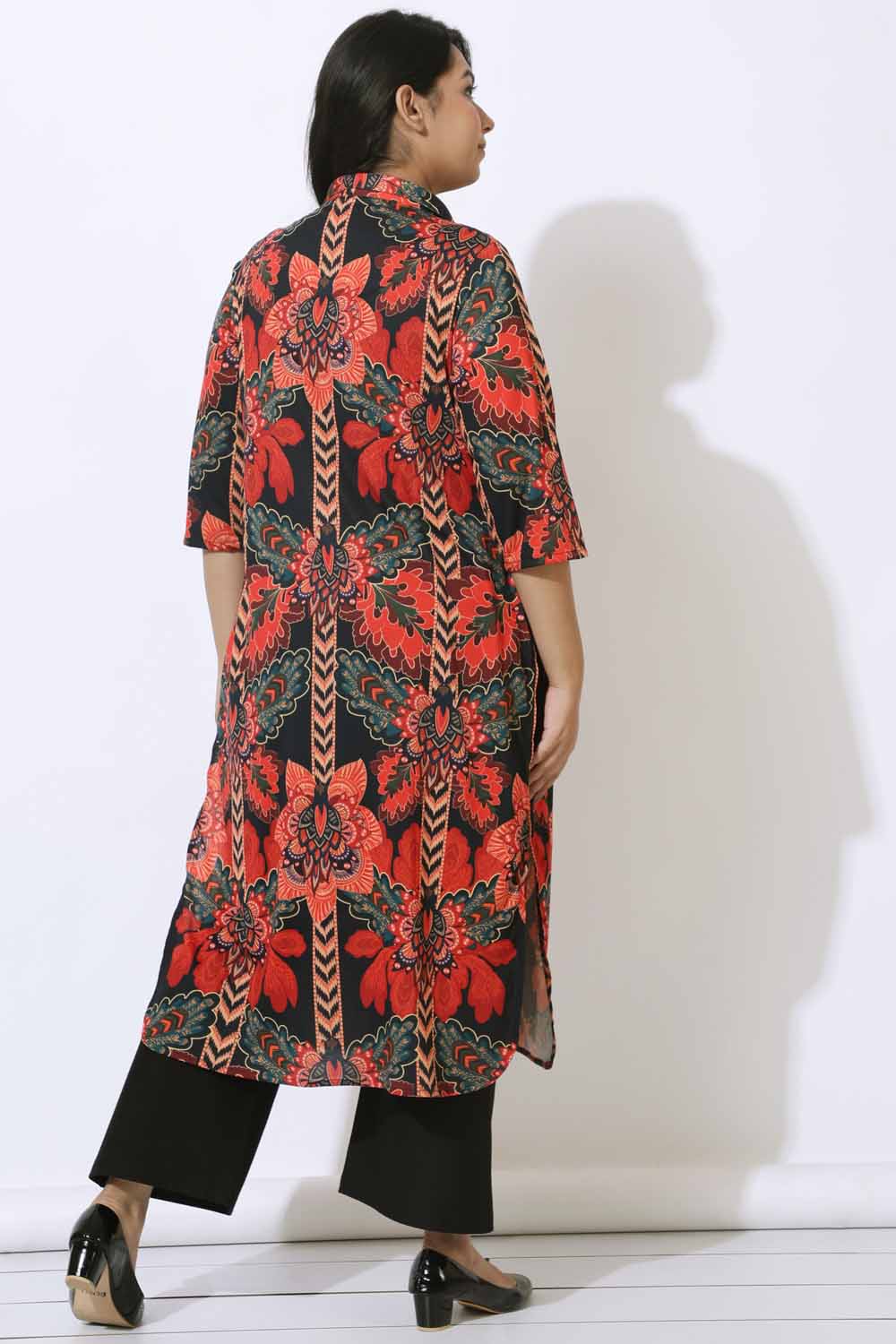 Plus Size Black Tropical Print Kurta Cum Shrug