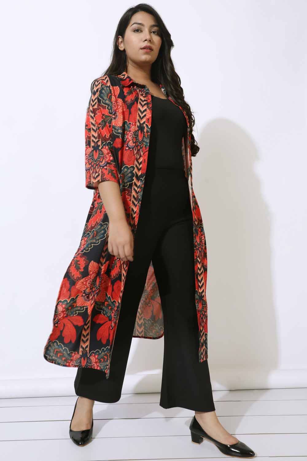 Plus Size Black Tropical Print Kurta Cum Shrug