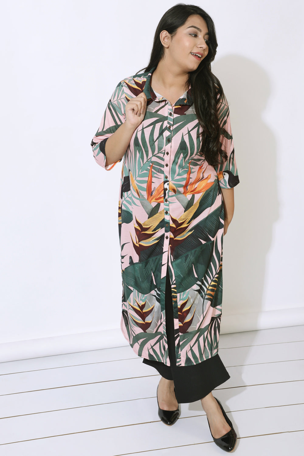 Pink Tropical Print Kurta Cum Shrug