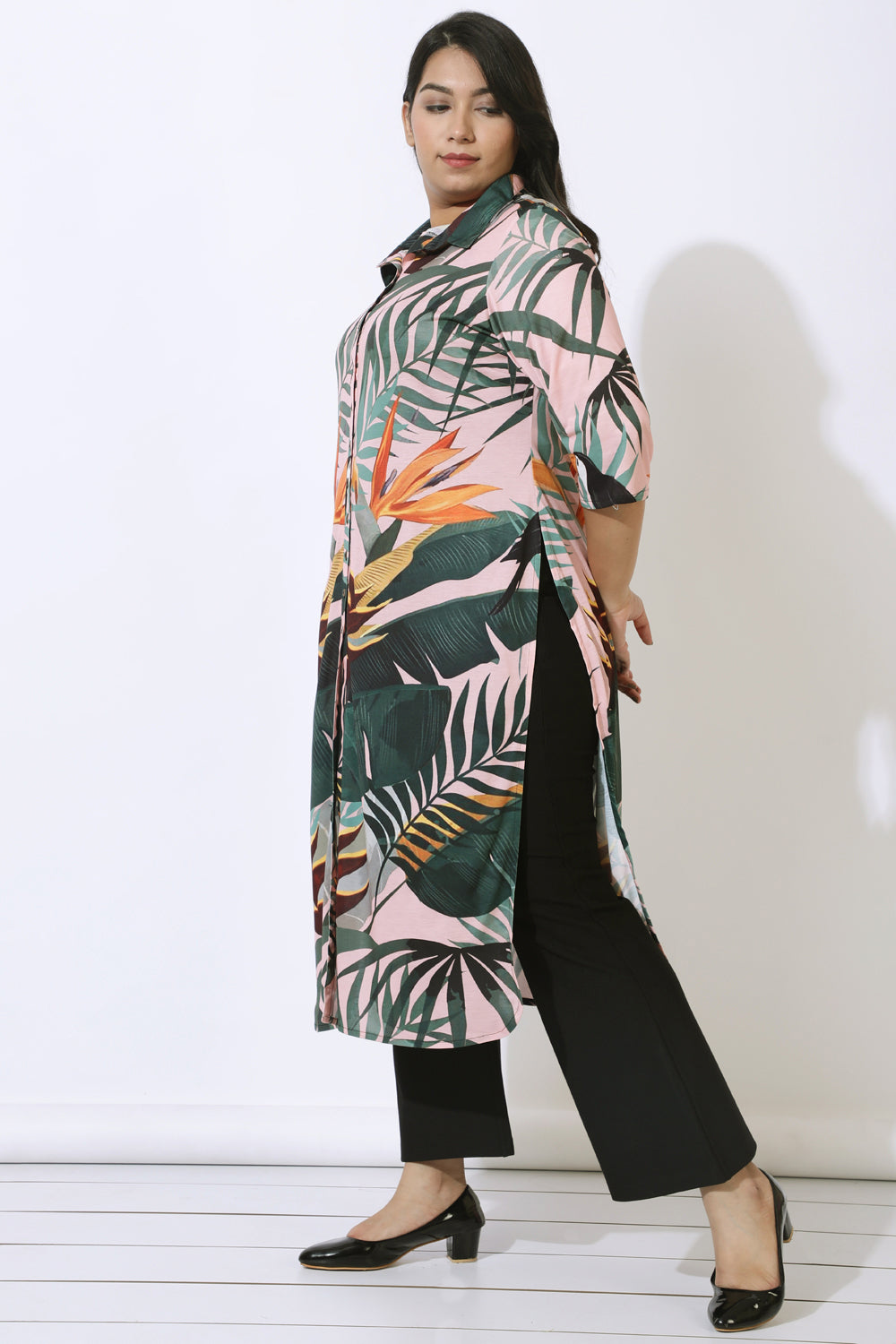 Pink Tropical Print Kurta Cum Shrug