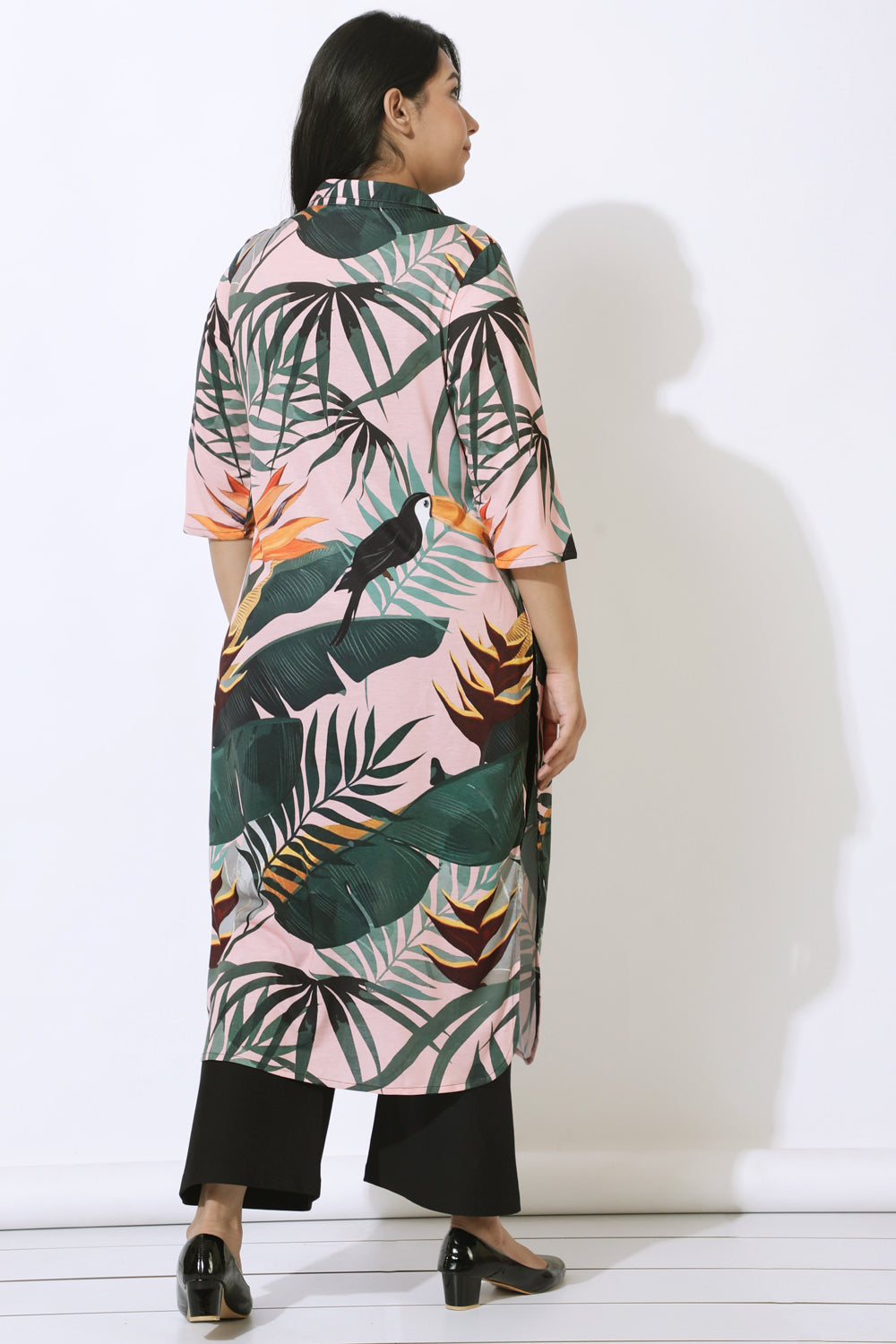 Pink Tropical Print Kurta Cum Shrug