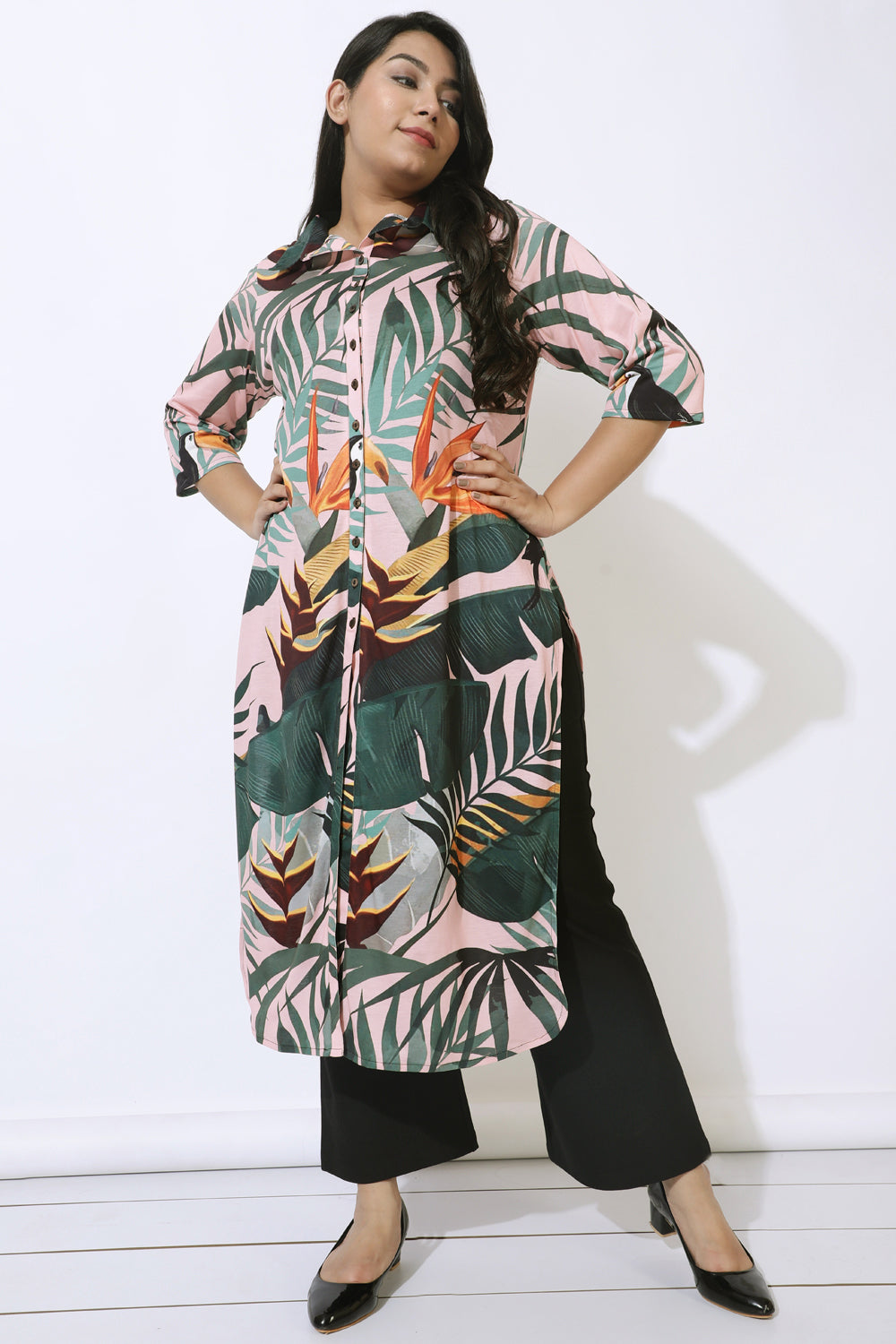 Pink Tropical Print Kurta Cum Shrug for Women