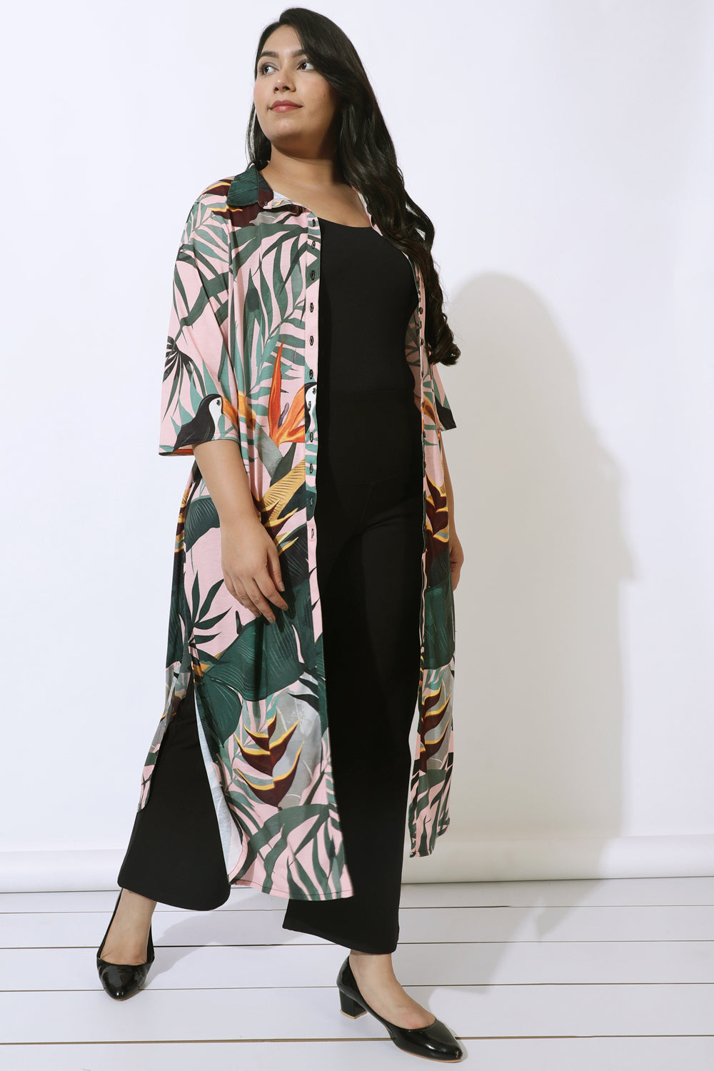 Plus Size Pink Tropical Print Kurta Cum Shrug