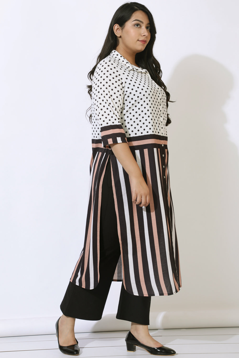 Black Luxe Polka Stripes Kurta Cum Shrug for Women